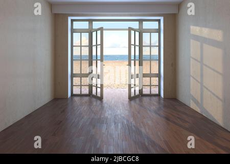 Empty Hotel Room with Sea View near the Beach. Unfurnished Room with Open Doors Overlooking the Ocean, Yellow Sand and Clouds. Dark Parquet Floor and a Beige Stucco Walls. 3d rendering. 8K Ultra HD Stock Photo