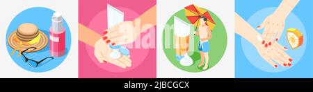 Sunscreen isometric design concept with 4x1 set of compositions with human hands applying sun protection creams vector illustration Stock Vector