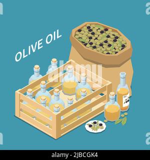 Olive production isometric composition with olives pocket in sack and glass bottles of oil in box vector illustration Stock Vector