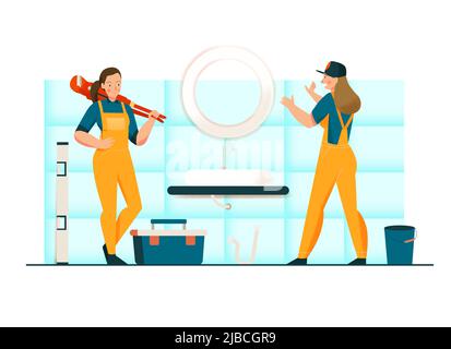 Unusual female profession concept with plumber symbols flat vector illustration Stock Vector