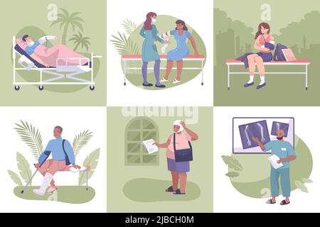 Fracture composition flat icon set patients with broken arms legs sprains and injuries vector illustration Stock Vector