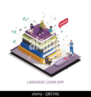 Language training online courses with native tutors e library access isometric composition  learning english app vector illustration Stock Vector