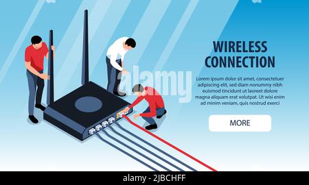 Isometric horizontal banner with three sysadmins fixing wireless internet router 3d vector illustration Stock Vector