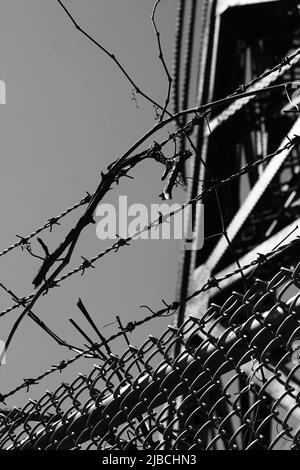 Razor sharp barbed wire fence protecting the industrial area in black and white. Stock Photo