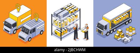 Isometric logistics design concept with images of boxes on warehouse racks with cargo trucks and vans vector illustration Stock Vector