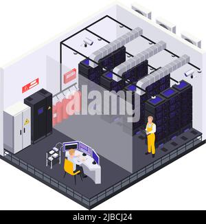 Data center isometric composition with view of server room with workers racks and heat removing system vector illustration Stock Vector