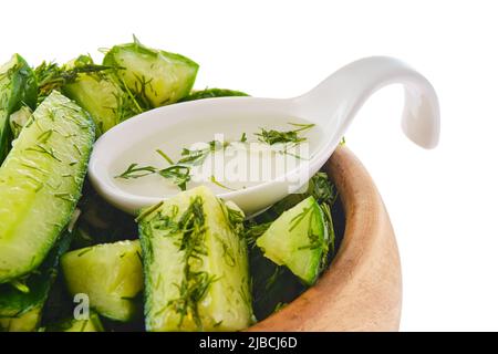 Closeup view of pickled cucumber with dill and garlic Stock Photo