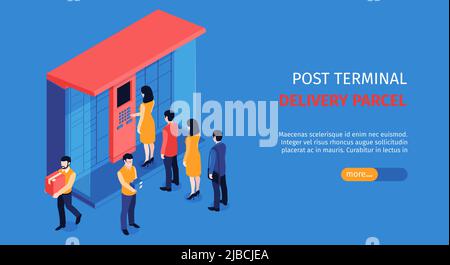 Isometric post terminal horizontal banner with editable text slider more button and people standing in line vector illustration Stock Vector