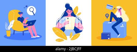 Online shopping design concept with set of square compositions with colourful background people and search pictograms vector illustration Stock Vector