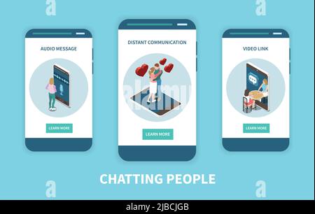 Chatting people mobile app concept with audio message distant communication and video link isometric icons on smartphone screens vector illustration Stock Vector
