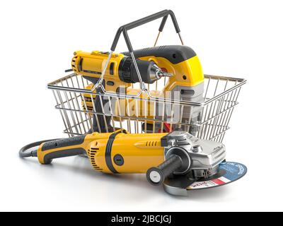 Shopping basket with elecric tools and construction equipment angle grinder, electric drill and jigsaw isolated on white. Selling and buying online. 3 Stock Photo