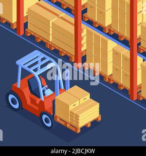 Isometric cardboard boxes composition with indoor view of warehouse with racks filled with packages and forklift vector illustration Stock Vector