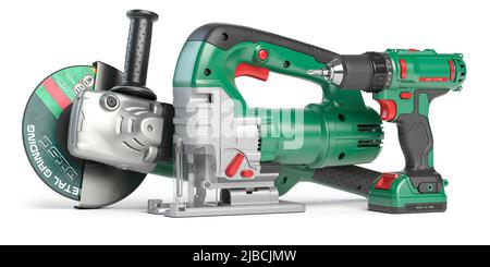 Electric hand construction tools isolated on white. Drill, jigsaw and angle grinder. 3d illustration