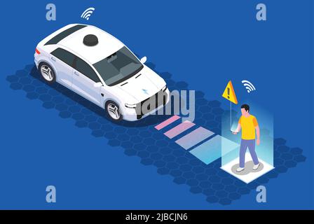 Smart city technologies isometric composition with image of moving remote car with scanner detecting walking pedestrian vector illustration Stock Vector