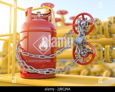 Gas crisis concept. Gas bottle and gas pipe line locked with chain. 3d illustration Stock Photo