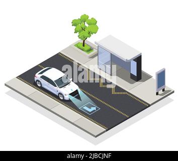 Smart city technologies isometric composition of road with bus stop and moving car equipped with scanner vector illustration Stock Vector