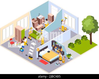 Renovation repair works isometric composition with profile view of house with new furniture workers and cleaners vector illustration Stock Vector