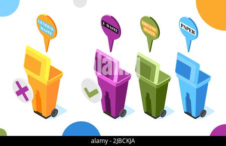 Electronic garbage isometric background with colourful waste bins with opened lids and thought bubbles with text vector illustration Stock Vector