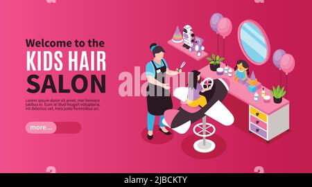 Beauty salon isometric banner with children barber cutting girl hair 3d vector illustration Stock Vector