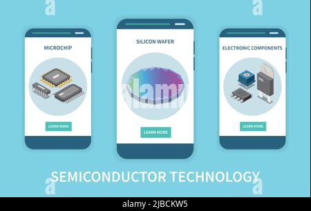 Semiconductor chip production vertical set of isometric banners with circuits silicon wafer and electronic components icons vector illustration Stock Vector
