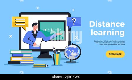 Distance learning flat web banner advertising online education tutoring with sharing computer screen horizontal vector illustration Stock Vector