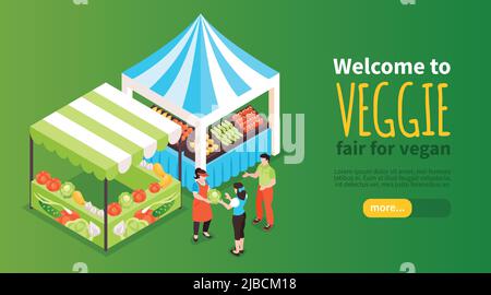 Isometric food courts fair horizontal banner with images of market stalls selling fruits vegetables with text vector illustration Stock Vector