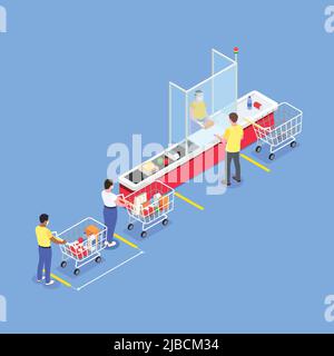 Social distancing isometric composition with supermarket line and people with shopping carts and cashier behind barrier vector illustration Stock Vector
