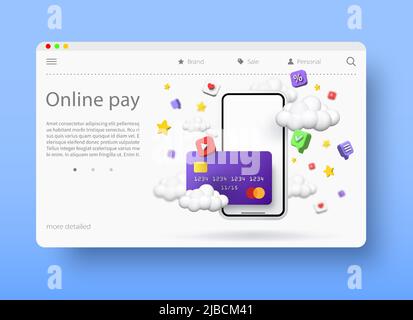 Online payments concept, vector 3d illustration. Purchasing application products and services over the Internet. Online banking Stock Vector