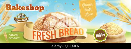 Realistic bread horizontal poster with editable text badges and outdoor background with field scenery and wheat vector illustration Stock Vector