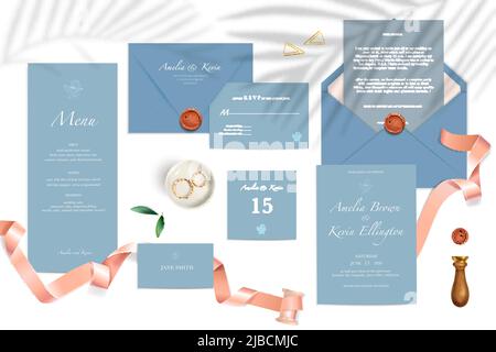 Realistic mockup of wedding invitation cards menu envelopes in blue color with text rings ribbons and seal isolated vector illustration Stock Vector