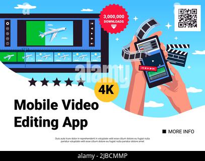 Mobile video editing app flat web banner with movie film winding round hands holding smartphone vector illustration Stock Vector
