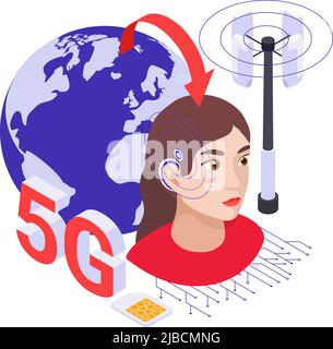 5G remote surgery with a deep brain stimulation chip implant neurological healthcare technologies isometric composition vector illustration Stock Vector
