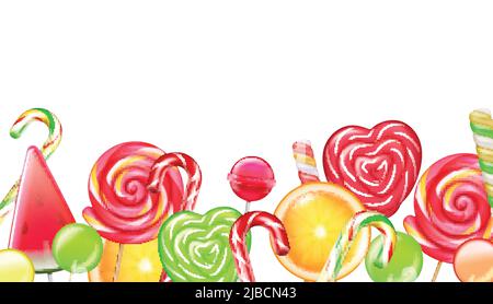 Candies citrus wheels spiral caramel flowers canes lollipops realistic seamless border composition white background vector illustration Stock Vector