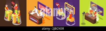 Quiz TV show square icons set with television symbols isometric isolated vector illustration Stock Vector