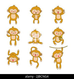set of cute animal of monkey on cartoon version,vector illustration Stock Vector