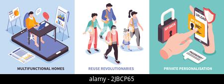 Isometric global consumer trends icon set with multifunctional homes private personalisation reuse revolutionaries descriptions vector illustration Stock Vector
