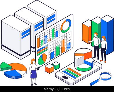 Big data science analysis isometric icon set with charts diagrams and other analytical information vector illustration Stock Vector