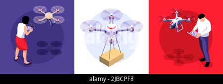 Isometric drone design concept with set of square compositions with remote quadcopters remotely controlled by people vector illustration Stock Vector