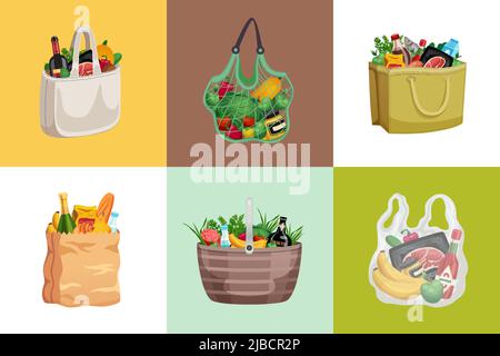 Shopping bag design concept with set of square compositions with paper net bags filled with products vector illustration Stock Vector