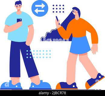 Influencer marketing flat composition with characters of girl and boy chatting over smartphones vector illustration Stock Vector