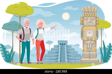 Tourism and aging elderly people travelers cartoon composition with senior couple enjoying sightseeing vector illustration Stock Vector