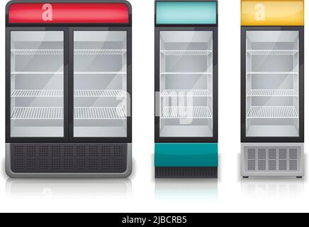 Commercial drink fridges with one or two display doors and colorful panels realistic set isolated vector illustration Stock Vector