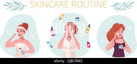 Skincare routine 3 cartoon compositions with woman using facial cleanser nourishing oil rich night cream vector illustration Stock Vector