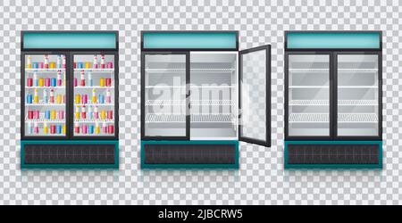 Drinks fridges empty closed open 2 doors display full of colorful bottles realistic set transparent vector illustration Stock Vector