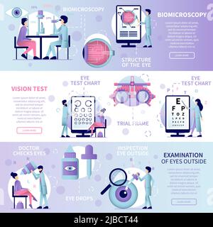 Ophthalmology flat set of horizontal banners with editable text clickable buttons and images of eye therapy vector illustration Stock Vector
