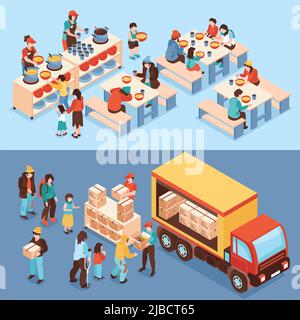 Humanitarian support horizontal banners with volunteers distributing food to needy and feeding poor people isometric vector illustration Stock Vector