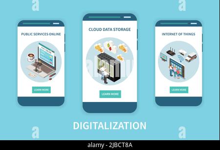 Digitization concept 3d banners with online public services and cloud data storage isometric isolated on white background vector illustration Stock Vector