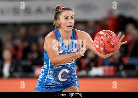 New South Wales, Australia; 5th June 2022; Ken Rosewall Arena, Sydney, New South Wales, Australia; Australian Suncorp Super Netball, NSW Swifts versus West Coast Fever; Maddy Proud of the Swifts passes the ball Stock Photo