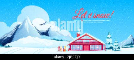 Ski resort poster with winter tourism symbols flat vector illustration Stock Vector