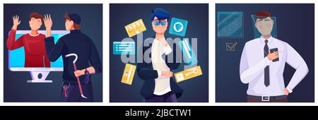 Set of three flat compositions with protected personal information face recognition access and character of fraud isolated vector illustration Stock Vector